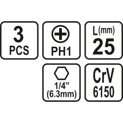 65452 STHOR Set 3 biti philips PH1, prindere hexagonala 1/4", 25 mm