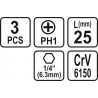 65452 STHOR Set 3 biti philips PH1, prindere hexagonala 1/4", 25 mm