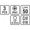 65456 STHOR Set 3 biti philips PH1, prindere hexagonala 1/4", 50 mm