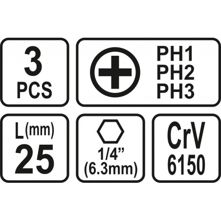 65461 STHOR Set 3 biti phillips PH1, PH2, PH3, hexagonala 1/4", 25 mm