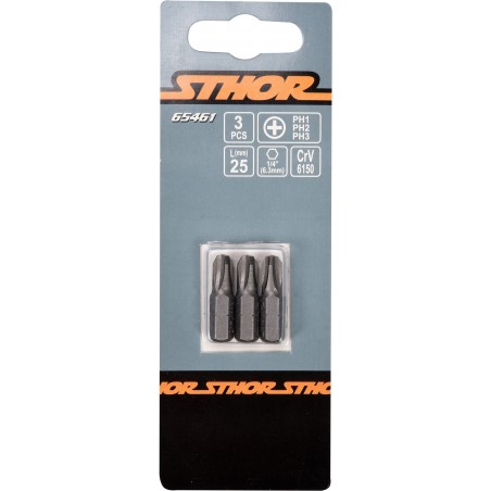 65461 STHOR Set 3 biti phillips PH1, PH2, PH3, hexagonala 1/4", 25 mm