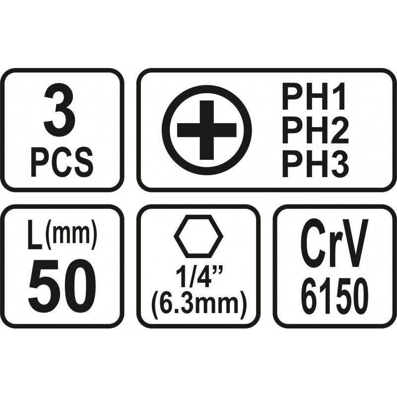 65462 STHOR Set 3 biti phillips PH1, PH2, PH3, hexagonala 1/4", 50 mm