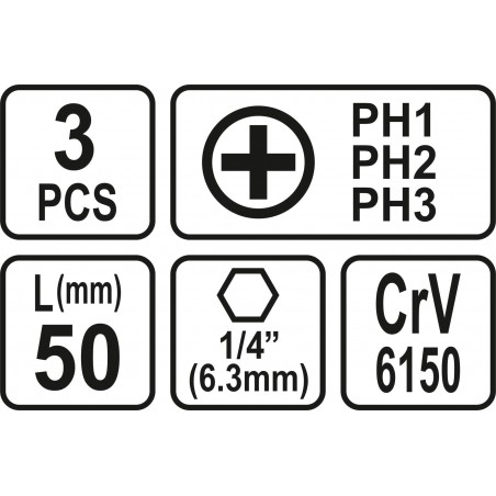 65462 STHOR Set 3 biti phillips PH1, PH2, PH3, hexagonala 1/4", 50 mm