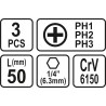 65462 STHOR Set 3 biti phillips PH1, PH2, PH3, hexagonala 1/4", 50 mm
