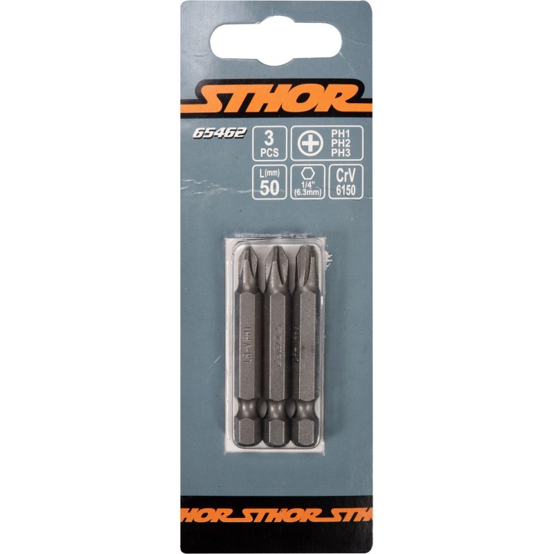65462 STHOR Set 3 biti phillips PH1, PH2, PH3, hexagonala 1/4", 50 mm