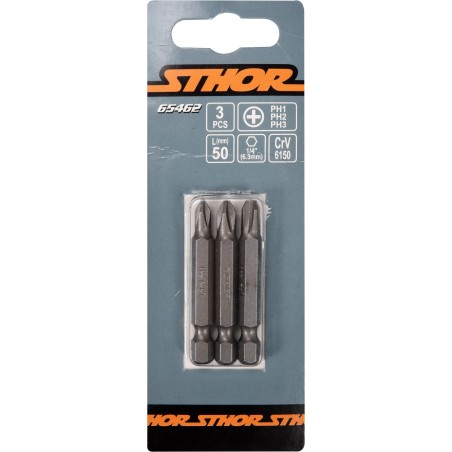 65462 STHOR Set 3 biti phillips PH1, PH2, PH3, hexagonala 1/4", 50 mm
