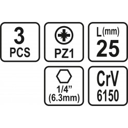 65470 STHOR Set 3 biti pozidrive PZ1, hexagonala 1/4", lungime 25 mm