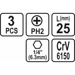 65453 Set 3 biti philips PH2, prindere hexagonala 1/4", lungime 25 mm