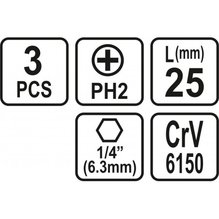 65453 Set 3 biti philips PH2, prindere hexagonala 1/4", lungime 25 mm