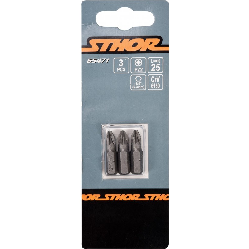 65471 STHOR Set 3 biti pozidrive PZ2, hexagonala 1/4", lungime 25 mm