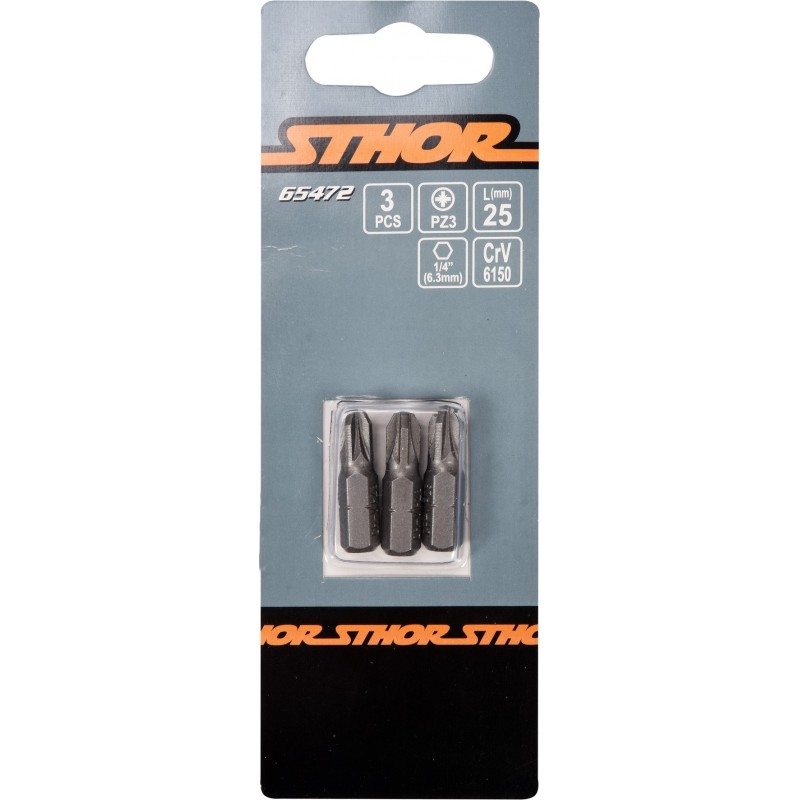 65472 STHOR Set 3 biti pozidrive PZ3, hexagonala 1/4", lungime 25 mm
