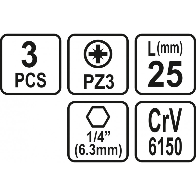 65472 STHOR Set 3 biti pozidrive PZ3, hexagonala 1/4", lungime 25 mm
