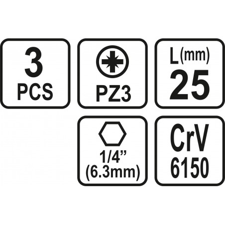 65472 STHOR Set 3 biti pozidrive PZ3, hexagonala 1/4", lungime 25 mm