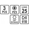 65472 STHOR Set 3 biti pozidrive PZ3, hexagonala 1/4", lungime 25 mm