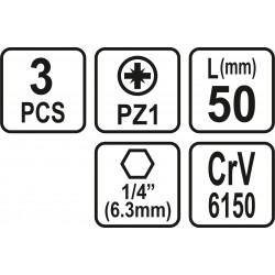65475 STHOR Set 3 biti pozidrive PZ1, hexagonala 1/4", lungime 50 mm