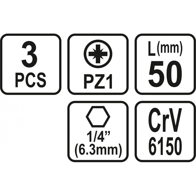 65475 STHOR Set 3 biti pozidrive PZ1, hexagonala 1/4", lungime 50 mm