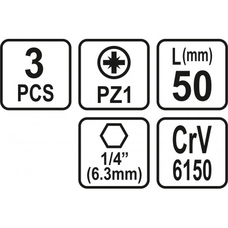65475 STHOR Set 3 biti pozidrive PZ1, hexagonala 1/4", lungime 50 mm