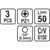 65475 STHOR Set 3 biti pozidrive PZ1, hexagonala 1/4", lungime 50 mm