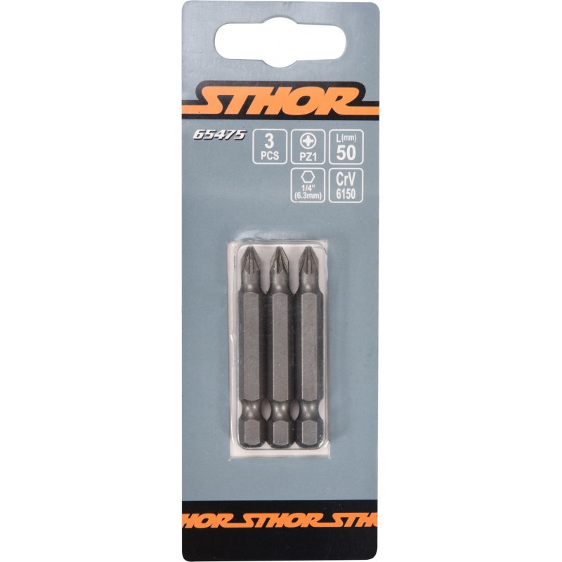 65475 STHOR Set 3 biti pozidrive PZ1, hexagonala 1/4", lungime 50 mm