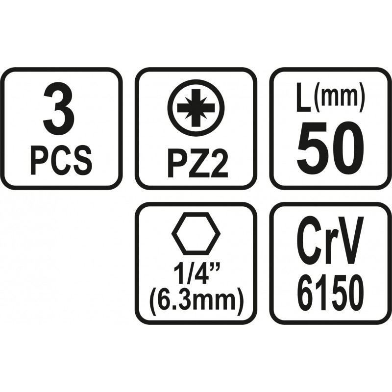 65476 SHTOR Set 3 biti pozidrive PZ2, hexagonala 1/4", lungime 50 mm