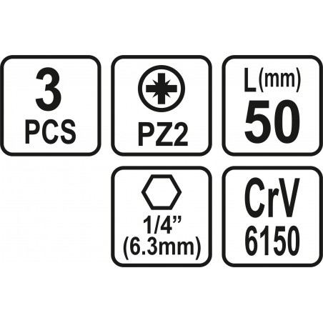 65476 SHTOR Set 3 biti pozidrive PZ2, hexagonala 1/4", lungime 50 mm