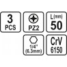 65476 SHTOR Set 3 biti pozidrive PZ2, hexagonala 1/4", lungime 50 mm