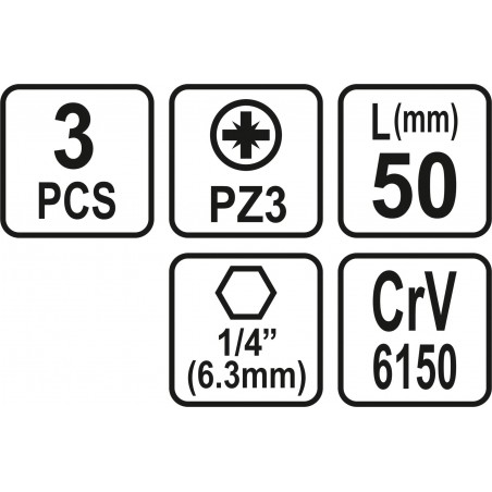 65477 STHOR Set 3 biti pozidrive PZ3, hexagonala 1/4", lungime 50 mm