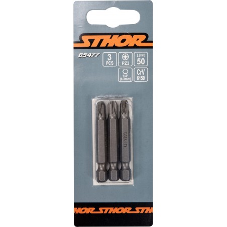 65477 STHOR Set 3 biti pozidrive PZ3, hexagonala 1/4", lungime 50 mm