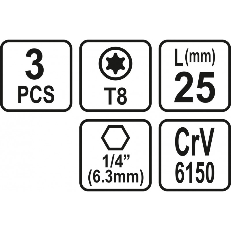 65490 STHOR Set 3 biti profil Torx T8, hexagonala 1/4", lungime 25 mm