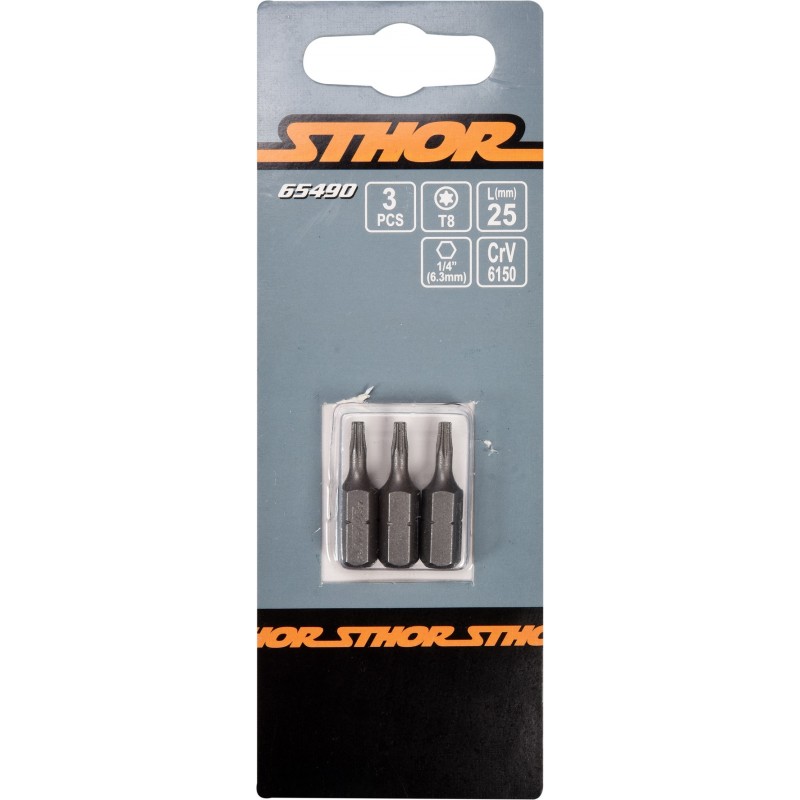 65490 STHOR Set 3 biti profil Torx T8, hexagonala 1/4", lungime 25 mm