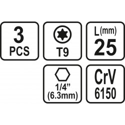 65491 STHOR Set 3 biti profil Torx T9, hexagonala 1/4", lungime 25 mm