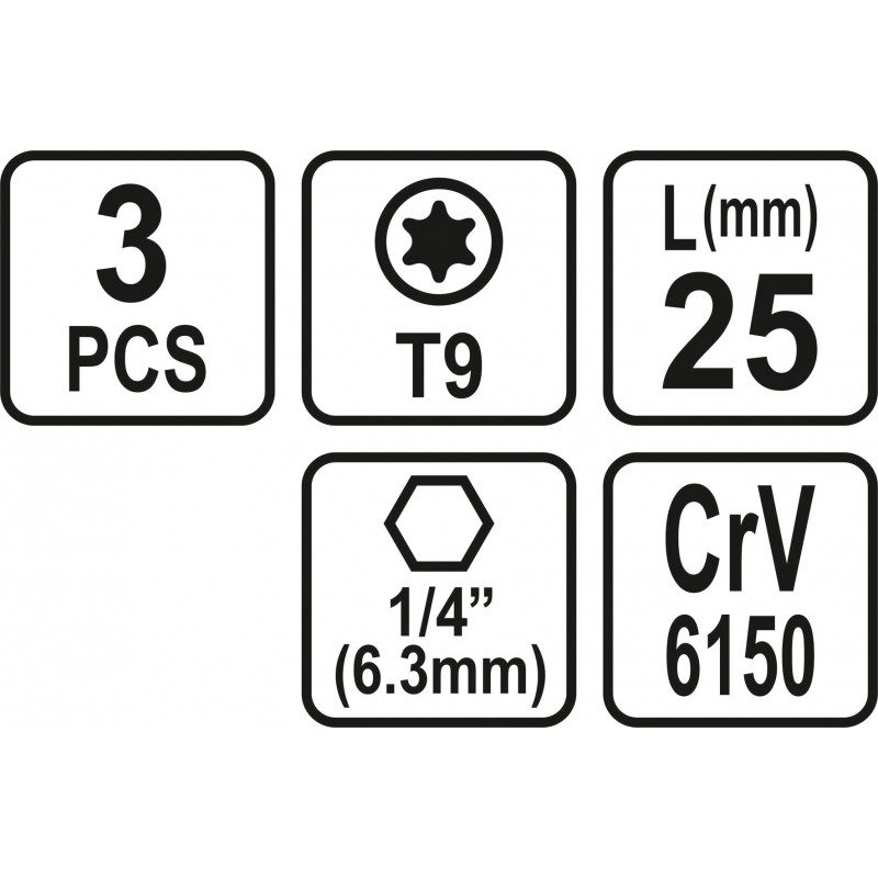 65491 STHOR Set 3 biti profil Torx T9, hexagonala 1/4", lungime 25 mm