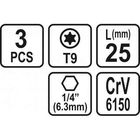 65491 STHOR Set 3 biti profil Torx T9, hexagonala 1/4", lungime 25 mm