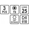 65491 STHOR Set 3 biti profil Torx T9, hexagonala 1/4", lungime 25 mm