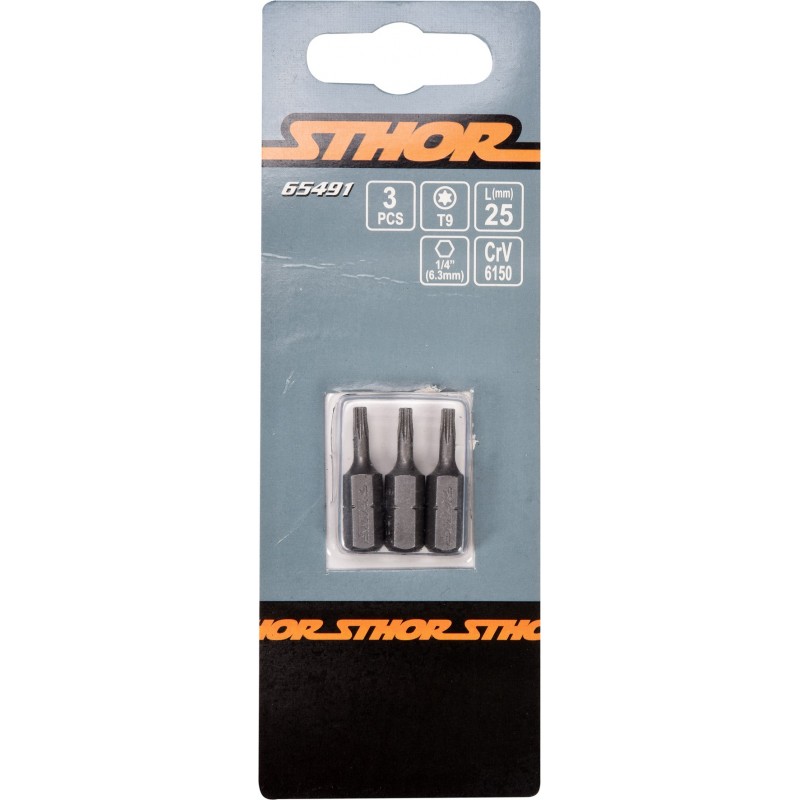 65491 STHOR Set 3 biti profil Torx T9, hexagonala 1/4", lungime 25 mm