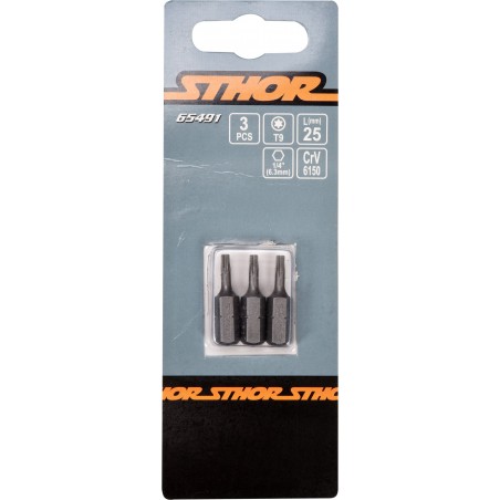 65491 STHOR Set 3 biti profil Torx T9, hexagonala 1/4", lungime 25 mm