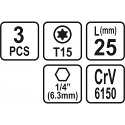 65493 STHOR Set 3 biti profil Torx T15, hexagonala 1/4", lungime 25 mm