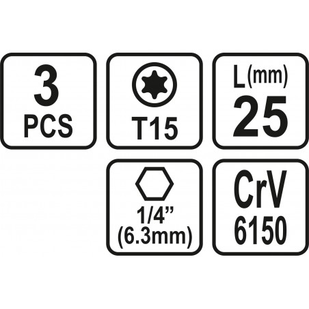 65493 STHOR Set 3 biti profil Torx T15, hexagonala 1/4", lungime 25 mm
