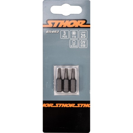 65493 STHOR Set 3 biti profil Torx T15, hexagonala 1/4", lungime 25 mm