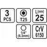 65495 STHOR Set 3 biti profil Torx T25, hexagonala 1/4", lungime 25 mm