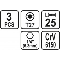 65496 STHOR Set 3 biti profil Torx T27, hexagonala 1/4", lungime 25 m