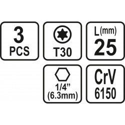 65497 STHOR Set 3 biti profil Torx T30, hexagonala 1/4", lungime 25 mm
