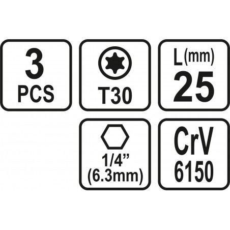 65497 STHOR Set 3 biti profil Torx T30, hexagonala 1/4", lungime 25 mm
