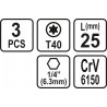 65498 STHOR Set 3 biti profil Torx T40, hexagonala 1/4", lungime 25 mm