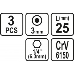 65501 STHOR Set 3 biti profil hexagonal 3x25 mm, hexagonala 1/4"