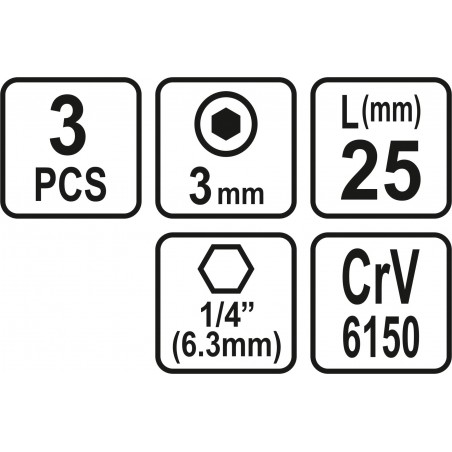 65501 STHOR Set 3 biti profil hexagonal 3x25 mm, hexagonala 1/4"