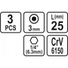 65501 STHOR Set 3 biti profil hexagonal 3x25 mm, hexagonala 1/4"