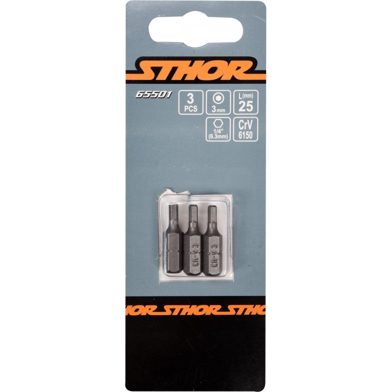 65501 STHOR Set 3 biti profil hexagonal 3x25 mm, hexagonala 1/4"