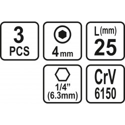 65502 STHOR Set 3 biti profil hexagonal 4x25 mm, hexagonala 1/4"