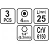 65502 STHOR Set 3 biti profil hexagonal 4x25 mm, hexagonala 1/4"